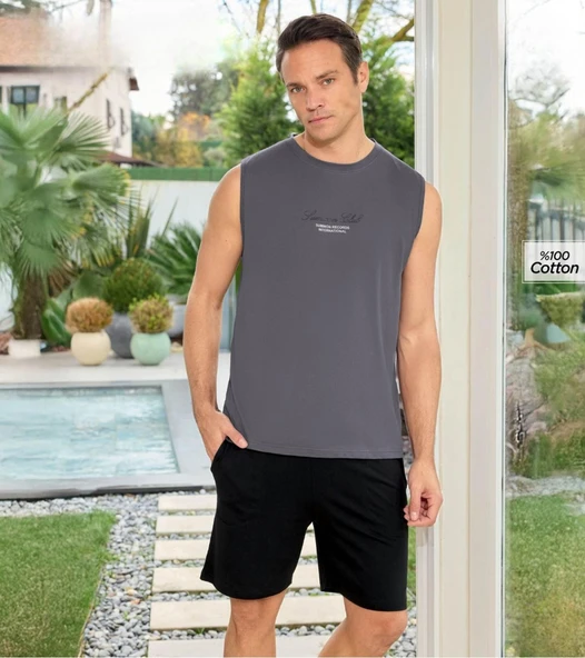 Pijamoni Erkek Bisiklet Yaka Kolsuz Şortlu Pijama Takımı 6180/3 - 1 Adet  XL Füme ürün görseli 1