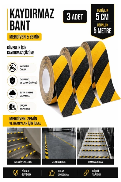 Merdiven Kaydırmaz Bant Sarı Siyah 50mm 3 Adet Mas Güvenlik Uyarı Bandı 5 Metre 5 cm Yapışkanlı Basamak Mermer Beton ürün görseli 1