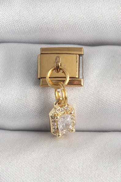 316L Çelik Gold Renk Sallantı Zirkon Taşlı Kare Model Nomination Charm -1492 ürün görseli 1