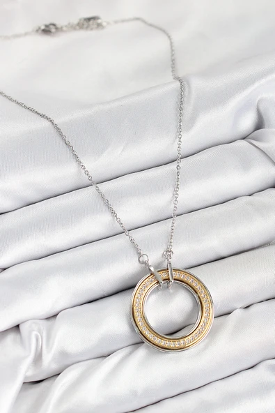 316L Çelik Zirkon Taşlı Dönen Daire Model Gold Ve Gümüş Renk Kadın Kolye -1492 ürün görseli 1