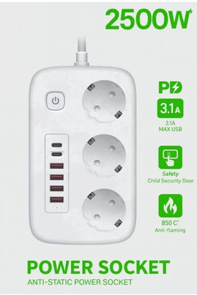 akım Korumalı Priz Ve Masaüstü Şarj İstasyonu Kablosuz 3 Priz ,4 Usb, 2 Type-c Girişli 2 Metre ürün görseli 1
