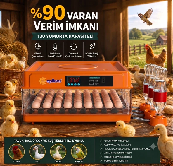 Tam Otomatik Kuluçka Makinesi 130 Yumurta Kapasiteli - Akıllı Isı ve Nem Kontrollü, Ayarlanabilir Viyol, Otomatik Su Sis ürün görseli 1