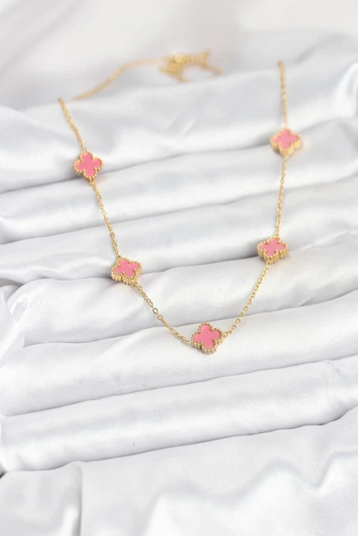 316L Çelik Zincir Gold Renk Pembe Baby Boy Yonca Kadın Kolye -1492 ürün görseli 1