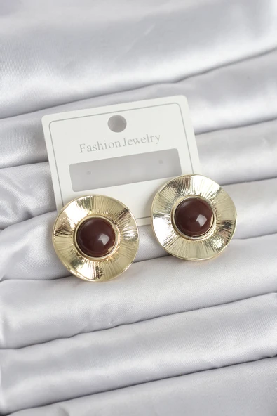 Vintage Model Kahverengi Gold Renk Pirinç Kadın Küpe ürün görseli 1