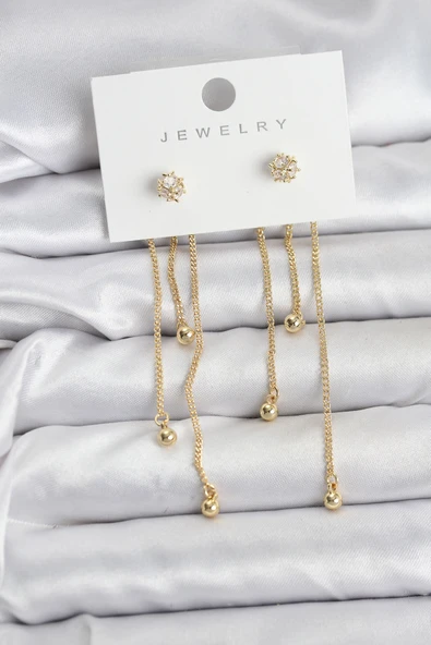 Topçuk Model Gold Renk Pirinç Sallantılı Kadın Küpe Seti ürün görseli 1