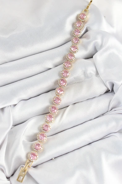 Pirinç Pembe Zirkon Taşlı Daire Baget Model Gold Renk VIP Seri Kadın Bileklik -1492 ürün görseli 1