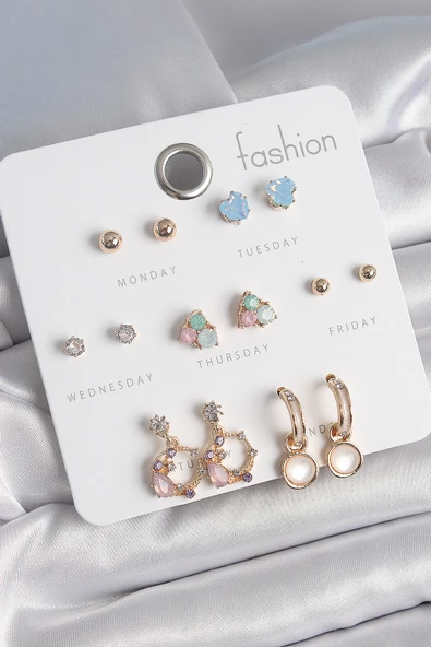 Pirinç Gold Renk Zirkon Taşlı Sallantı Halka Figür Kalp Detay 7 Çift Kadın Küpe -1492 ürün görseli 1