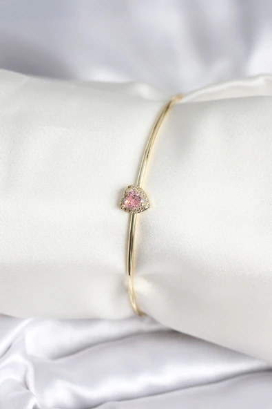 Pembe Zirkon Taşlı Kalp Model Gold Renk Kadın Bileklik ürün görseli 1