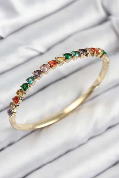 Pirinç Renkli Zirkon Taşlı Kalp Model Gold Renk Kadın Kelepçe -1492 ürün görseli 1