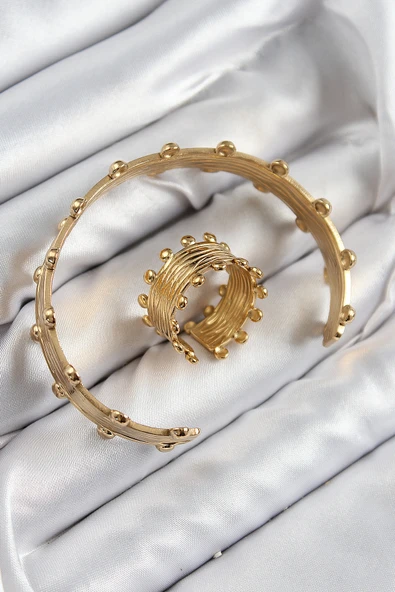 Pirinç Topcuk Model Gold Renk Bileklik Yüzük Set -1492 ürün görseli 1