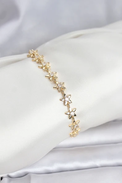 Pirinç Gold Renk VIP Seri Sıralı Taşlı Yıldız Model Zirkon Taşlı Kadın Bileklik ürün görseli 1