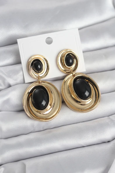 Siyah Sallantılı Damla Model Gold Renk Vintage Kadın Küpe ürün görseli 1