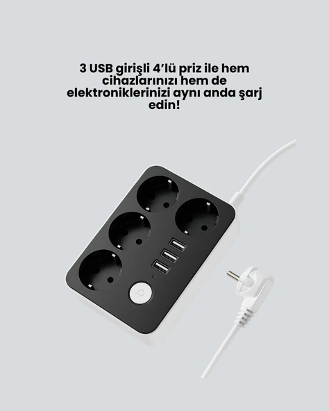 Akım Korumalı 3 USB Portlu 4’lü Priz 4.1A Hızlı Şarj ürün görseli 1