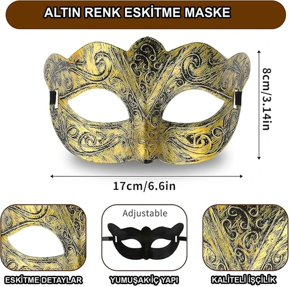 Altın Renk Eskitme Maskeli Balo Maskesi – Venedik Tarzı Parti Maskesi ürün görseli 1