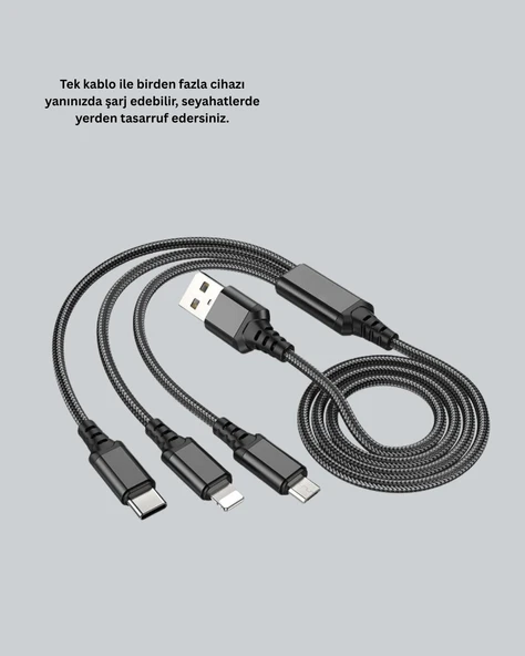 3’ü 1 Arada Hızlı Şarj Kablosu – iOS Android Type-C Uyumlu - Resim 5