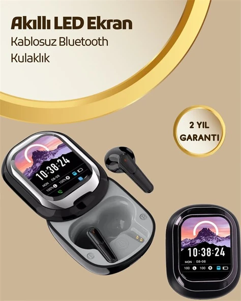 Akıllı Ekranlı Bluetooth 5.4 Kablosuz Kulaklık – Dokunmatik ve Şarj Kutulu ürün görseli 1