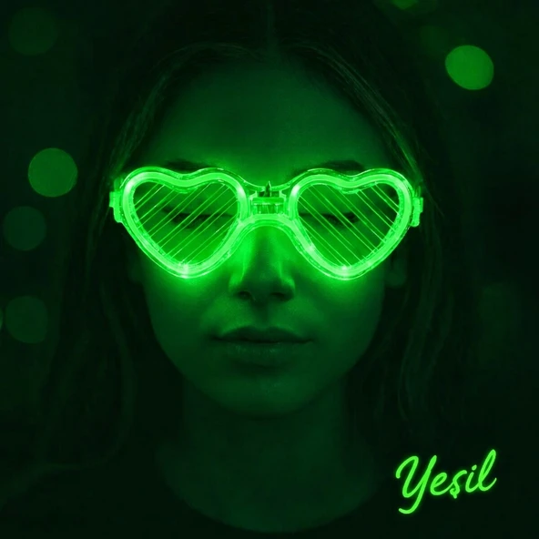 Yeşil Led Işıklı Kalp Gözlük – 3 Modlu Parti  Glow Gözlüğü ürün görseli 1