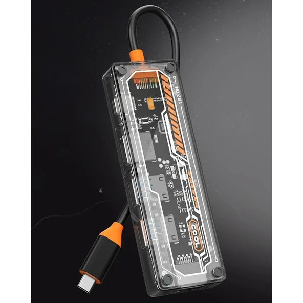 ALLY 6in1 Type-c To USB3.0 + USB2.0 + Type-c PD 100W + HDMI + VGA + 3.5mm  Çoğaltıc Transparanı Hub-1852 ürün görseli 1