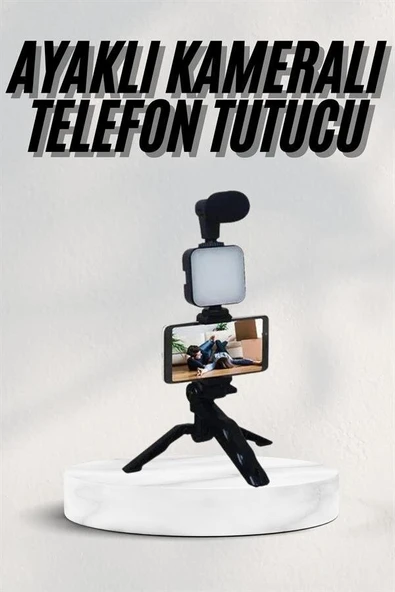 Telefon Tutucu Led Işıklı Kumandalı Mikrofon Telefon Vlog Video Kayıt ürün görseli 1