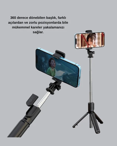 Kablosuz Bluetooth Selfie Çubuğu – 360° Dönebilir Başlık Taşınabilir ve Şık Tasarım ürün görseli 1