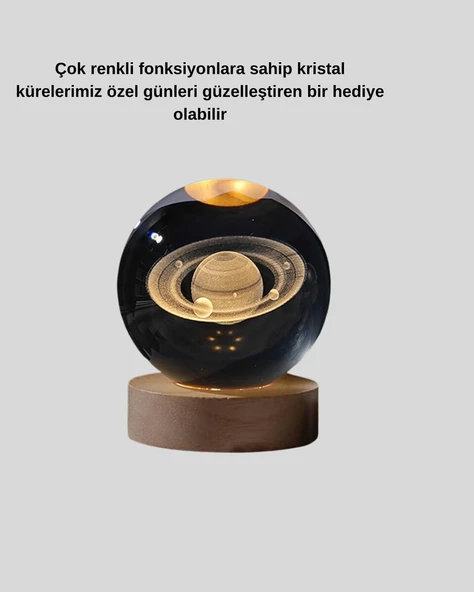 Satürn Desenli Kristal Küre LED Gece Lambası Ahşap Standlı ürün görseli 1