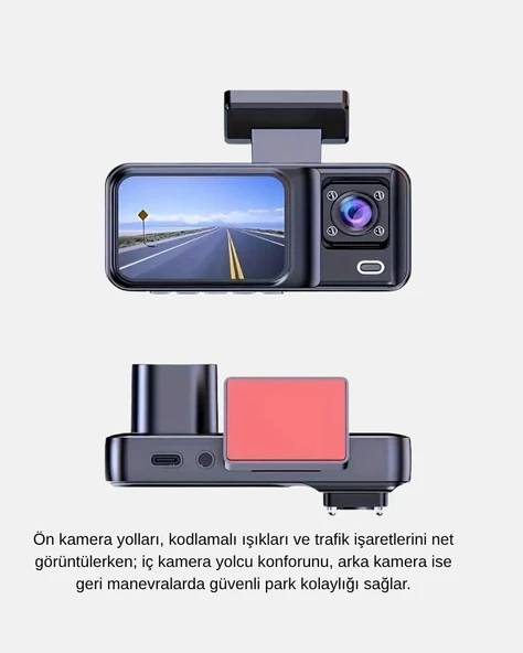 Üç Kameralı Dash Cam 170° Geniş Açılı Full HD Gece Görüşlü ürün görseli 1