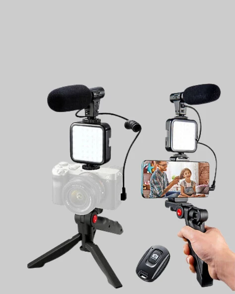 Video Çekim Kiti Tripod LED Işık Harici Mikrofon ve Bluetooth Kumanda Seti ürün görseli 1
