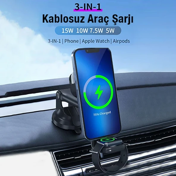 Ally Wireless Şarjlı 3in1 Torpido Üstü Ve Havalandırma Telefon Kulaklık Saat Tutucu-1852 ürün görseli 1