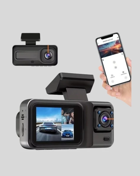 3 Kameralı Araç DVR 1080P Ön + HD Arka + İç Kamera Döngü Kayıt 2’’ Ekran ürün görseli 1