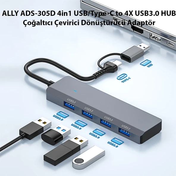ALLY ADS-305D 4in1 USB/Type-C to 4X USB3.0 HUB Çoğaltıcı Çevirici Dönüştürücü Adaptör-1852 ürün görseli 1