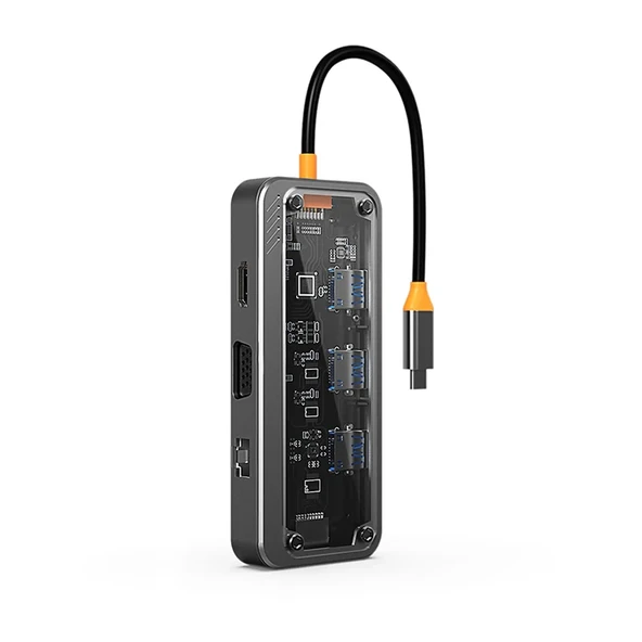 ALLY SW1V-PRO Type-c To USB3.0 3adet+ 3.5mm+ HDMI+ VGA+ SD + TF + Ethernet Çoğaltıcı Transparan Hub-1852 ürün görseli 1