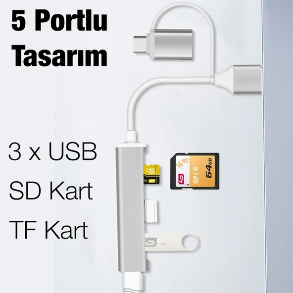 ALLY A-807 5in1 Type-C + USB Girişli USB 3.0 Çoğaltıcı Hub Adaptör-1852 ürün görseli 1