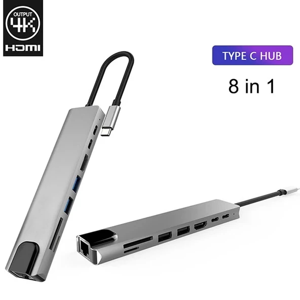 Ally 8 Port Usb 8in1 3.0 Type-C Hdmi 3XUSB+2 PD) RJ45 Hub Adaptör Çoklayıcı TF SD Kart-1852 ürün görseli 1