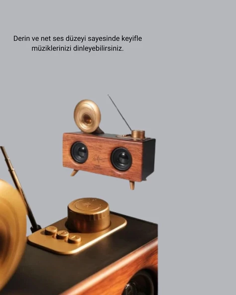 Gramafon Tasarımlı Bluetooth Hoparlör 3D Ses Teknolojili Çok Fonksiyonlu ürün görseli 1