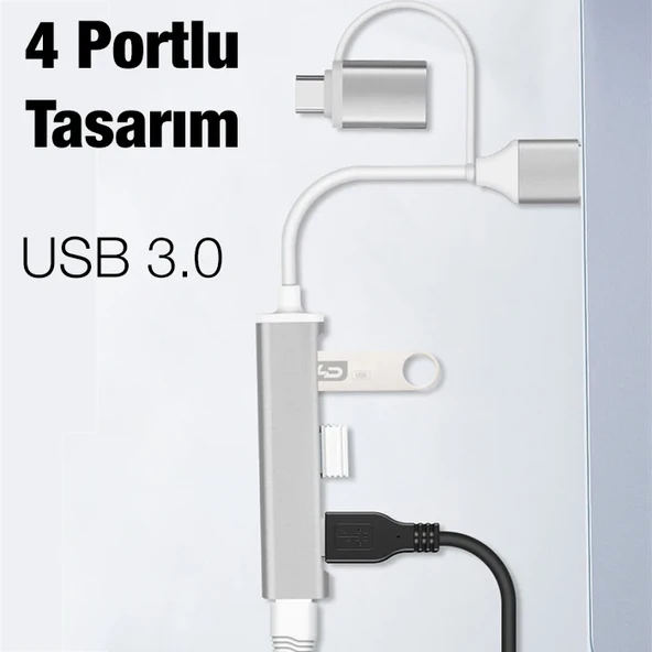 ALLY A-806 4in1 Type-C + USB Girişli USB 3.0 Çoğaltıcı Hub Adaptör Çevirici-1852 ürün görseli 1