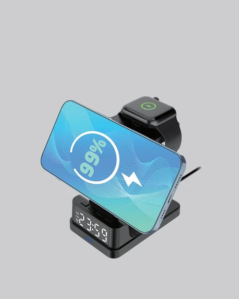 Kablosuz Şarj Cihazı ve Dijital Saat – 4’ü 1 Arada Hızlı Şarj Apple Uyumlu LED Işıklı Tasarım ürün görseli 1