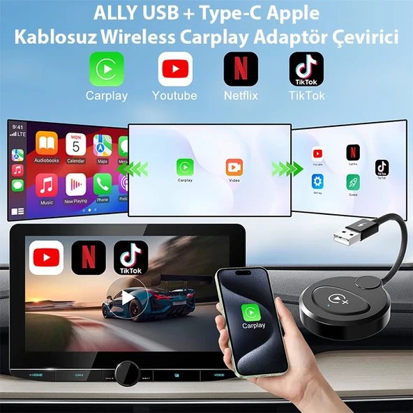 USB+Type-C Apple Kablosuz Wireless Carplay Adaptör Çevirici -Youtube Netflix Tiktok Video Yansıtıcı-1852 ürün görseli 1