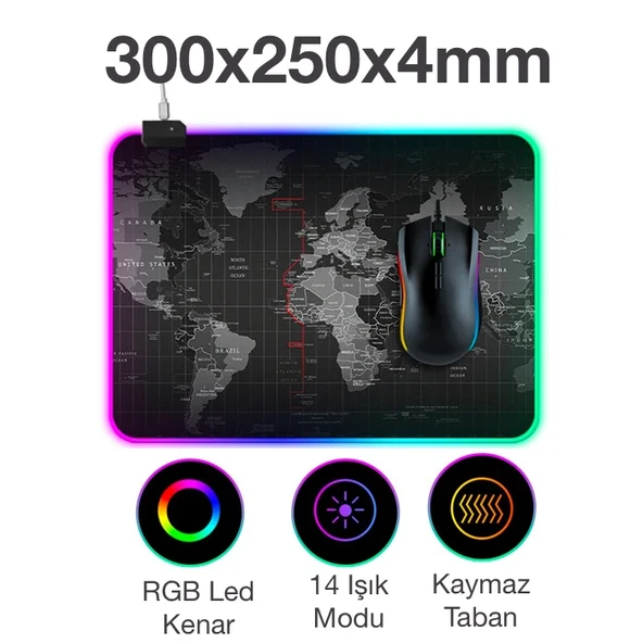 ALLY Dünya Desenli RGB Led Işıklı Oyuncu Mouse Pad 300*250*4MM-1852 ürün görseli 1