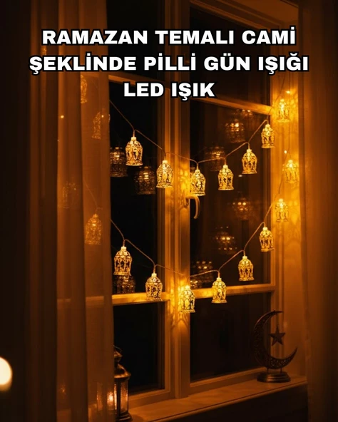 Ev Dekoru İçin Ramazan LED Işık Pilli Sıcak Sarı Cami Figürlü ürün görseli 1