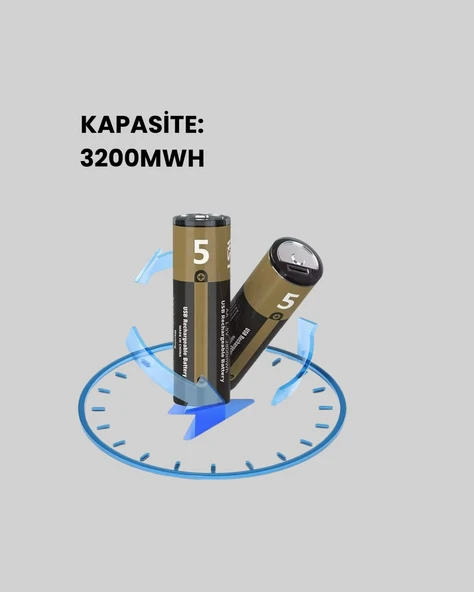 Type-C USB ile Hızlı Şarj Edilebilir AA Kalem Pil | 1.5V Lityum | Çiftli Paket ürün görseli 1