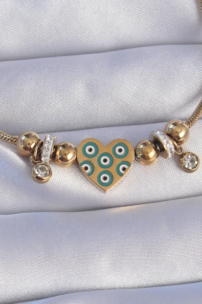 316L Çelik Gold Renk Zirkon Taşlı Nazarlı Kalp Tasarımlı Bileklik -1492 ürün görseli 1