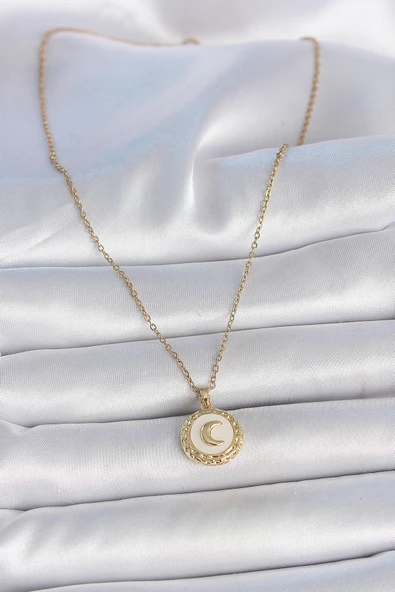 316L Çelik Gold Renk Zincir Beyaz Mineli Hilal İşlemeli Madalyon Model Kadın Kolye -1492 ürün görseli 1