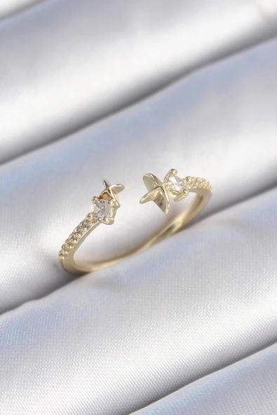 Pirinç Gold Renk Zirkon Taş Detay Yıldız Model Kadın Yüzük -1492 ürün görseli 1