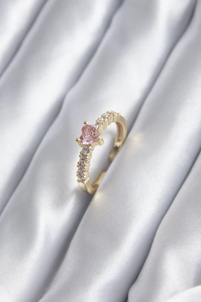 Gold Renk Zirkon Taşlı Pembe Kristal Kalp Model Kadın Yüzük -1492 ürün görseli 1