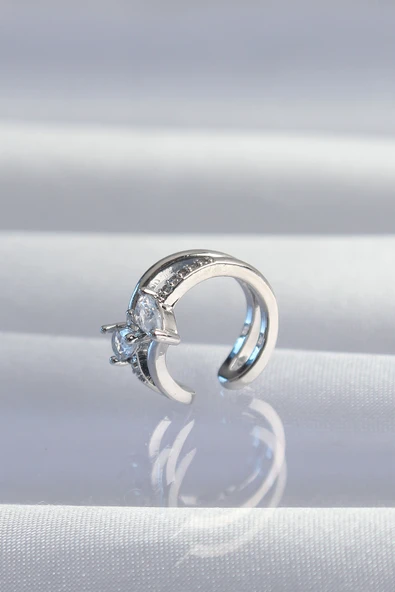 Pirinç Gümüş Renk Zirkon Taşlı Damla Earcuff Küpe -1492 ürün görseli 1