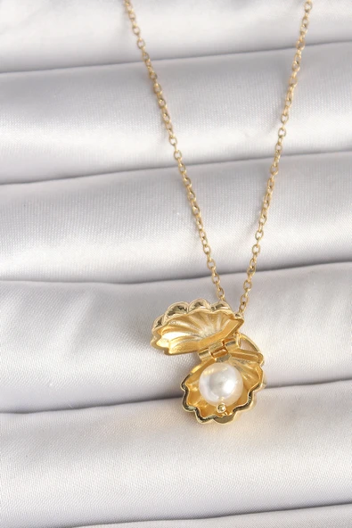 316L Çelik Gold Renk Zincir Açılır İncili Midye Model Kadın Kolye -1492 ürün görseli 1