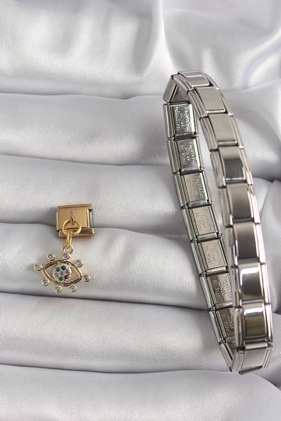 316L Çelik Gold Renk Sallantı Zirkon Taşlı Göz Model Nomination Charm -1492 ürün görseli 1