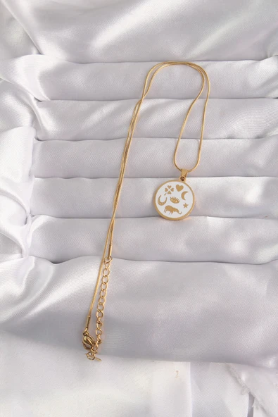 316L Çelik Gold Renk Beyaz Mineli Karışık Figürlü Tarot Kolye -1492 ürün görseli 1
