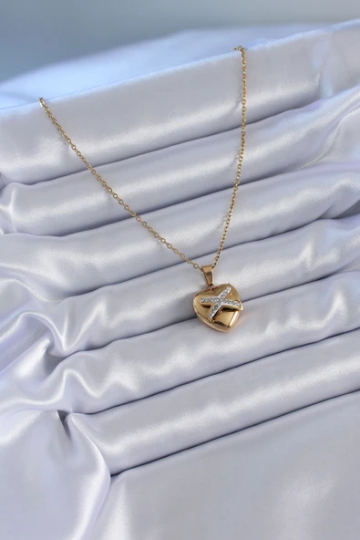 316L Çelik Gold Renk Zirkon Detay Kalp Model Kadın Kolye -1492 ürün görseli 1