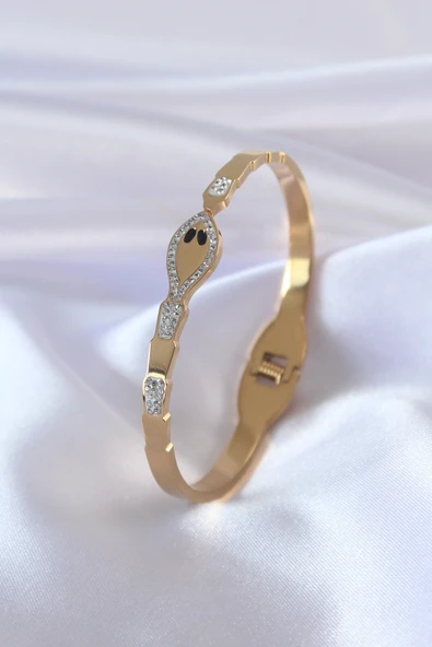 316L Çelik Gold Renk Yılan Model Zirkon Taş Detay Kadın Kelepçe -1492 ürün görseli 1